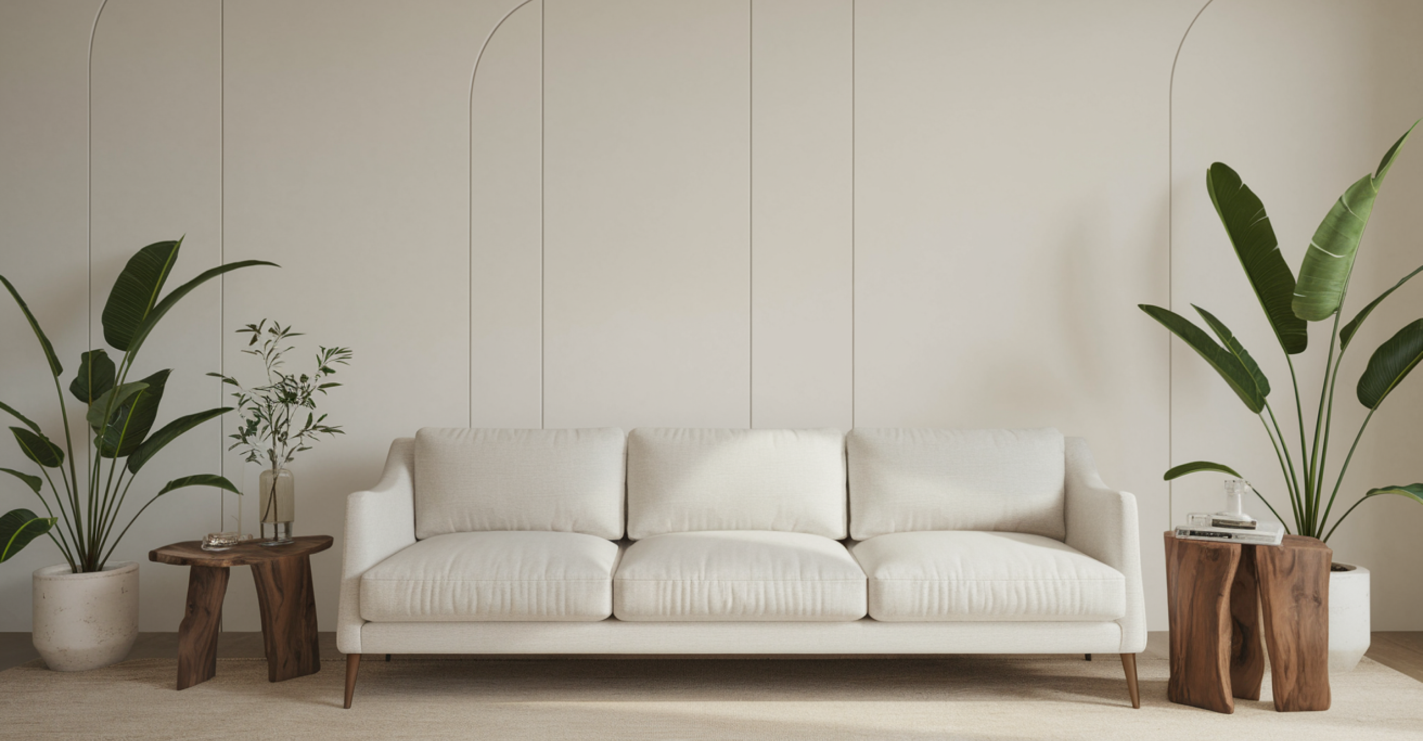 Living room with gray three-seater sofa